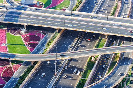 Dubai crossroads of Sheikh Zayed Road highway interchange traffic near Burj Khalifa interchange