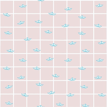seamless origami paper boat pattern on checkered paper is a repeating pattern fragment on a pink background. for children's textiles, printing.