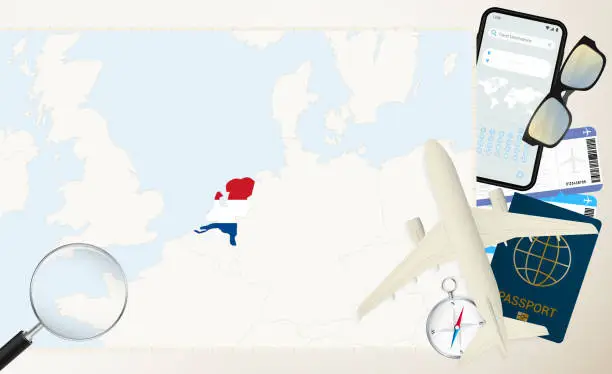 Vector illustration of Netherlands map and flag, cargo plane on the detailed map of Netherlands with flag.