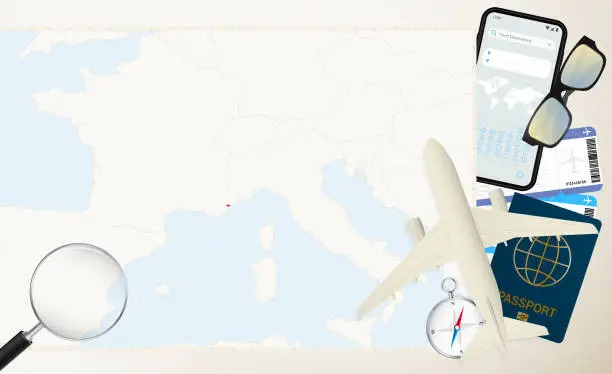 Vector illustration of Monaco map and flag, cargo plane on the detailed map of Monaco with flag.