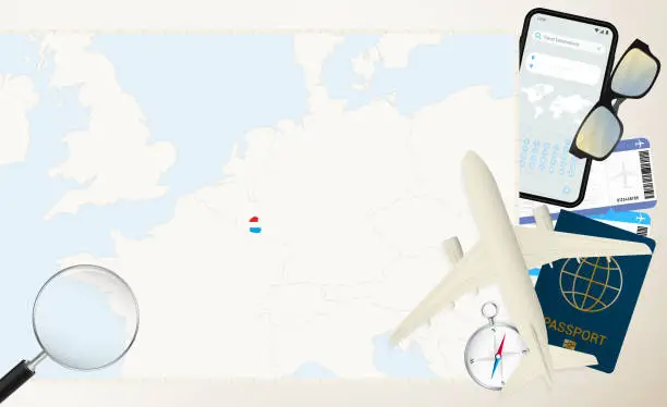 Vector illustration of Luxembourg map and flag, cargo plane on the detailed map of Luxembourg with flag.