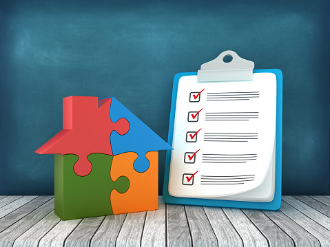 Check List Clipboard with Puzzle House - Chalkboard Background - 3D Rendering