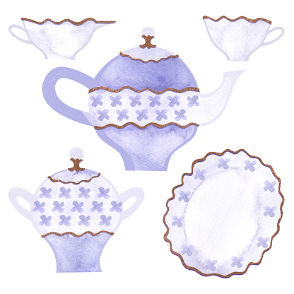 Teaware set in a classic style with golden decor and blue flowers. Teapot, sugar bowl, cup, saucer and milk jug. Isolated watercolor illustration on white background. Clipart. Decor for a tea party or an English style party.