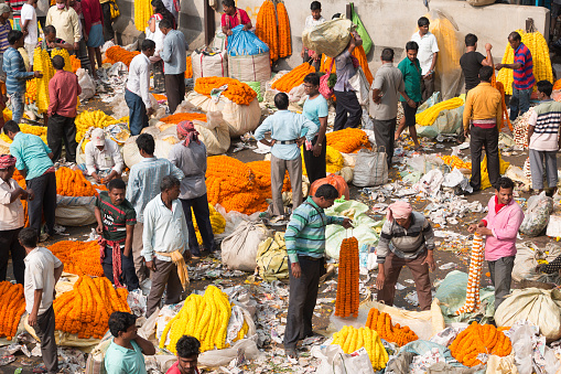 During a tourist trip to India in February 2023, Flower market full of yellow and orange colors in Calcutta, where Indians were selling them in necklaces for their ceremonies.