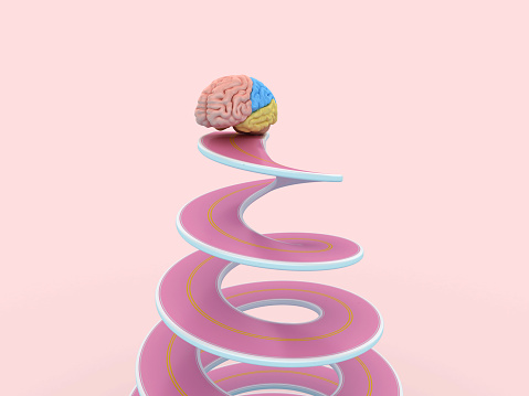 Brain on Spiral Road - Color Background - 3D rendering