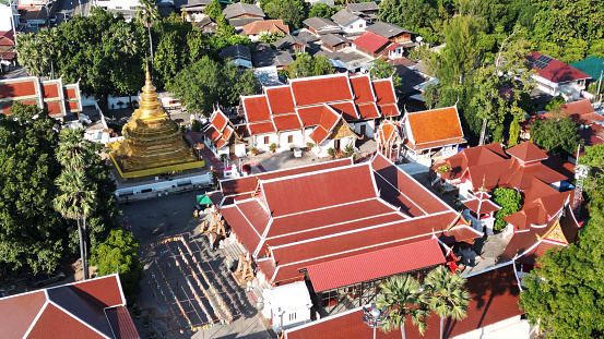 Top view of Si Chom Thong large golden Pagoda is located in Wat Phra That Si Chom Thong Worawihan. This is an important temple of the city and is revered by Thai Buddhists. Located at Chiang Mai Province in Thailand.