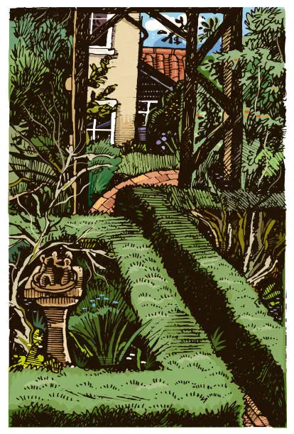 Vector illustration of Through the garden arch illustration