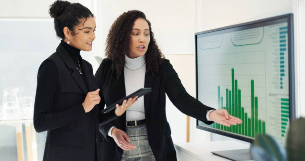 istock Business women, teamwork and computer screen for data analysis, digital marketing research and social media report. Professional analyst, manager and clients with graphs, statistics and tablet review 2051402870