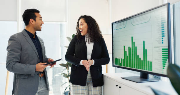 istock Business people, teamwork and computer screen for data analysis and finance growth, revenue proposal or sales report. Analyst, manager and clients presentation of graphs and statistics on a monitor 2051402871