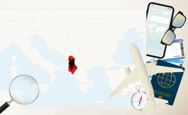 Vector illustration of Albania map and flag, cargo plane on the detailed map of Albania with flag.