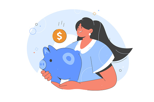 Savings. Woman with money. Female character standing with jar of coins. Moneybox. Vector flat illustration
