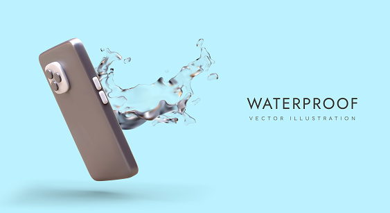 3d realistic smartphone and splash of liquid. Concept of waterproof protection for modern gadgets. Vector illustration with place for text and blue background