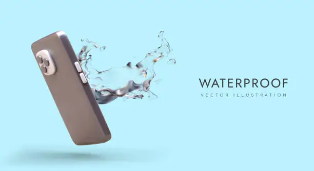 Vector illustration of 3d realistic smartphone and splash of liquid. Concept of waterproof protection for modern gadgets