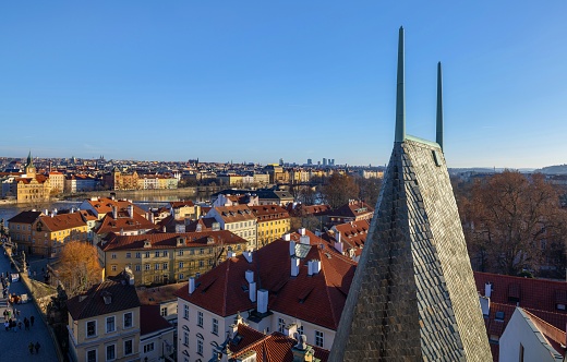 Prague, Czech Republic, January 28, 2024: View of the Czech capital on the Vltava River on a sunny winter day.