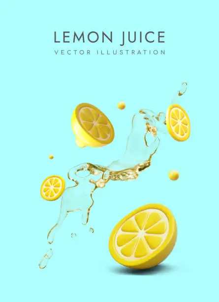 Vector illustration of Vertical advertising of lemon juice on blue background