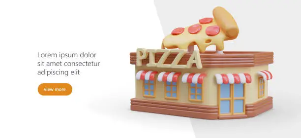 Vector illustration of Creative pizzeria advertising. Building with English text sign