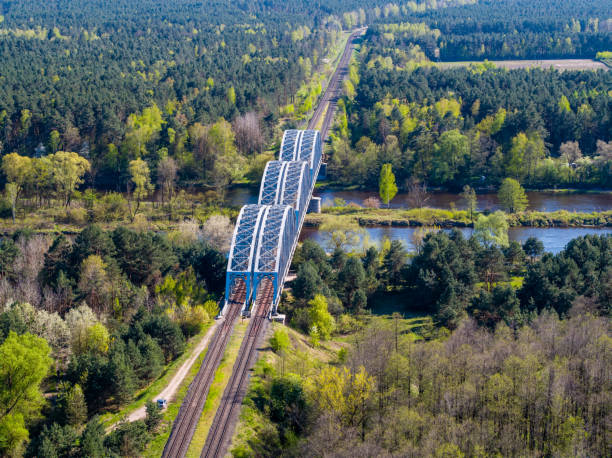 A well-structured blue metal bridge spans over a body of water, displaying intricate details of rail tracks positioned below. The view highlights modern engineering.