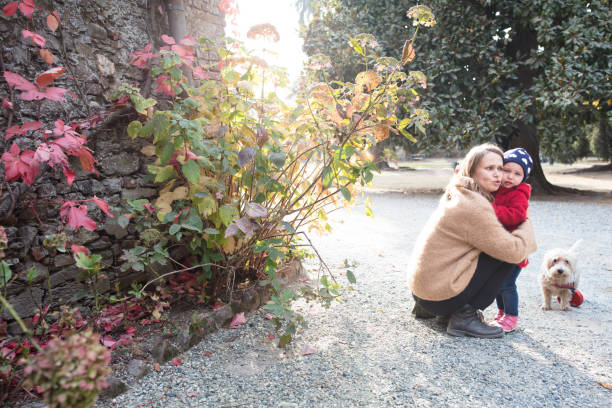 Mom consoles crying daughter, who fell while running. Their dog looks concerned too.