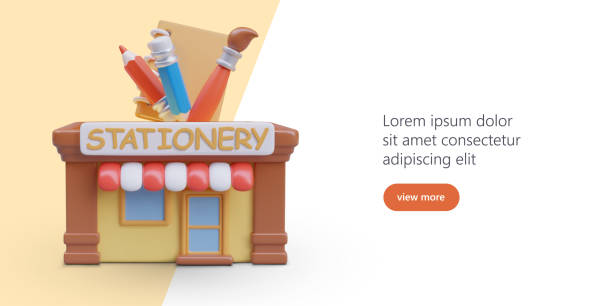 istock 3d stationery store in cartoon style. Web poster, advertising company with button and place for text 2051444711