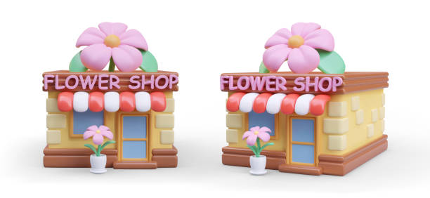 illustrations, cliparts, dessins animés et icônes de flower shop building in cartoon style. color 3d vector illustration. front and side view - store flower bouquet florist