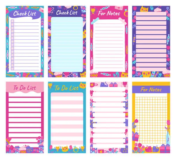 Vector illustration of Notepaper lined or grid Notepad set Valentines Day elements daily planner note paper to do list page