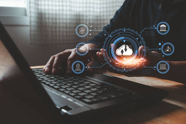 istock Business people holding cloud computing information diagram icons in hand. cloud technology data storage network and Internet service concept. SASE secure access service edge on laptop virtual screen. 2051466164