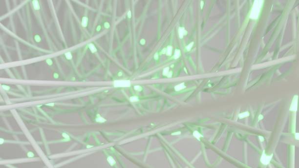 interwoven white wires with soft green highlights in a chaotic network. - fiber optic telecommunications equipment cable photon ストックフォトと画像