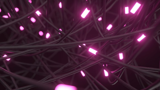 Complex mesh of wires with vibrant pink lights, exuding a digital, cybernetic vibe.
