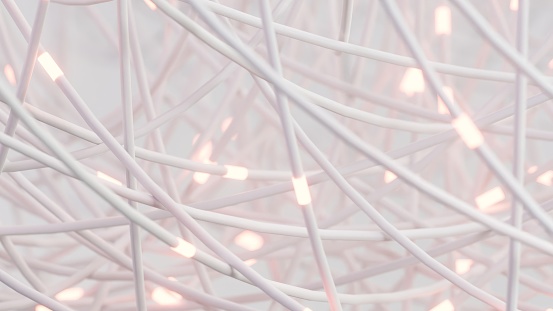 Soft white wires entwined with subtle pink lights, creating a serene, high-tech network.