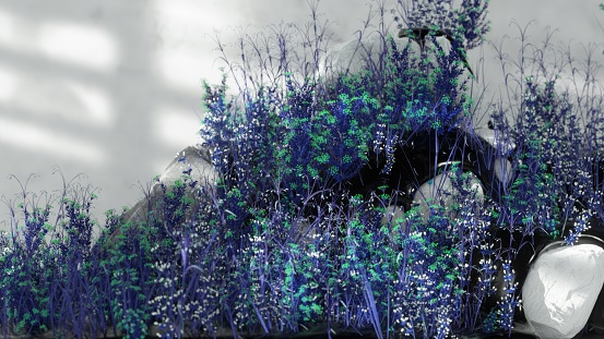 Mystical 3D animation of a shadowed grove with bioluminescent blue flora and ethereal light casting over rocks.