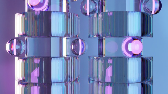 3D animation of reflective cylindrical towers with iridescent orbs, exuding a futuristic and high-tech ambiance.