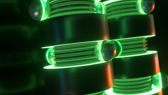 Neon-lit futuristic cylinders and spheres with a sci-fi ambiance in a 3D animation.