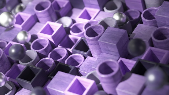 Metallic spheres meander through a labyrinth of violet-hued blocks in this mesmerizing 3D animation.