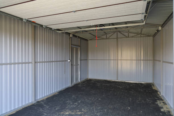 istock Interior of new empty iron garage, textured surface road tile on ground 2051486032