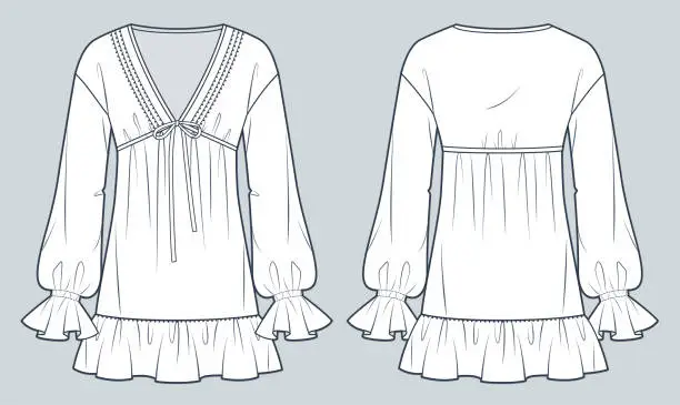 Vector illustration of Ruffled Dress technical fashion illustration. Tunic Dress fashion flat technical drawing template, frill details, balloon sleeve, v neck, mini length, relaxed fit, front and back view, white, women CAD mockup set.
