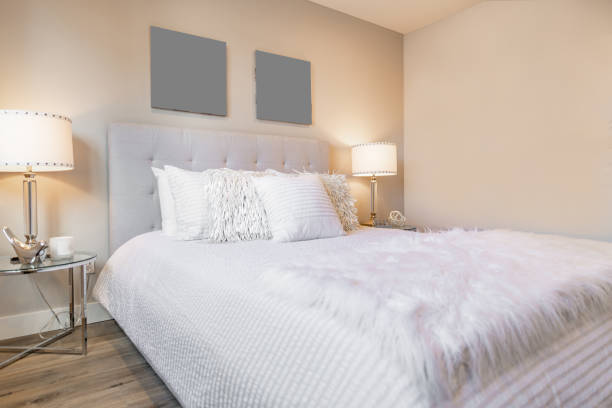 Bedroom interior and walk in closet interior. Staged with lovely grey and silver pillows pink throw blanket and soft white fluffy blanket. Walk in closet has an upholstered ottoman shirts hanging on hangers. Bed has a grey tufted headboard and an exposed wooden beam on the ceiling. Lamps on end tables and arm chairs.