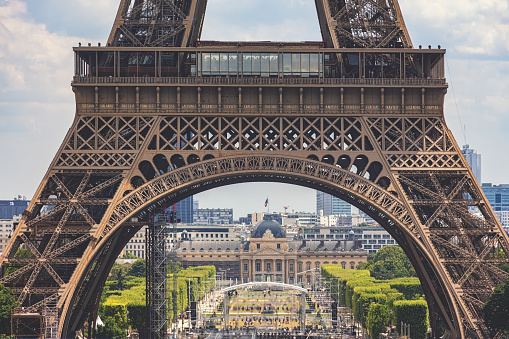 Eiffel Tower. Close-up view of the arch of the1st level. Champ de Mars and Ecole Militaire in perspectives. July 11, 2019. Paris, France