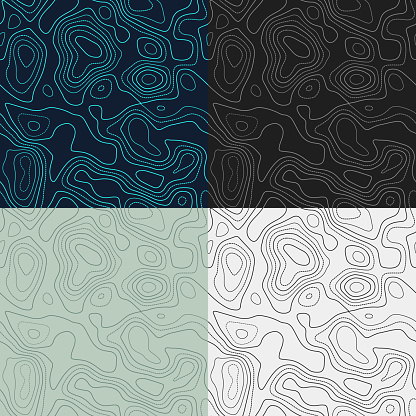 Topography patterns. Seamless elevation map tiles. Appealing isoline background. Astonishing tileable patterns. Vector illustration.