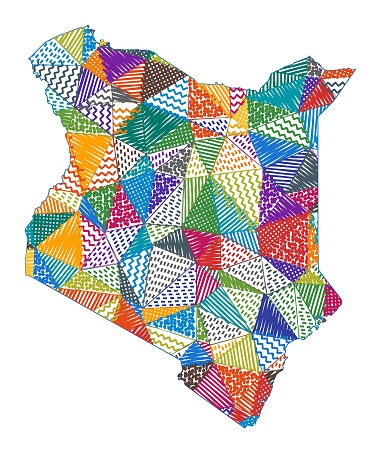 Kid style map of Kenya. Hand drawn polygons in the shape of Kenya. Vector illustration.