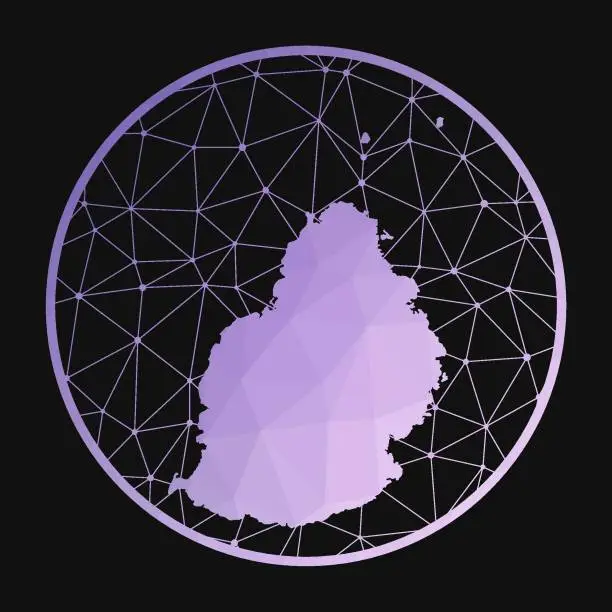 Vector illustration of Mauritius icon. Vector polygonal map of the island. Mauritius icon in geometric style. The island map with purple low poly gradient on dark background.