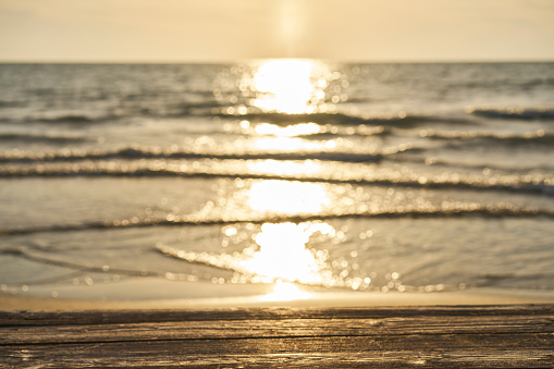 Empty Wooden Planks with Blur Beach on Background