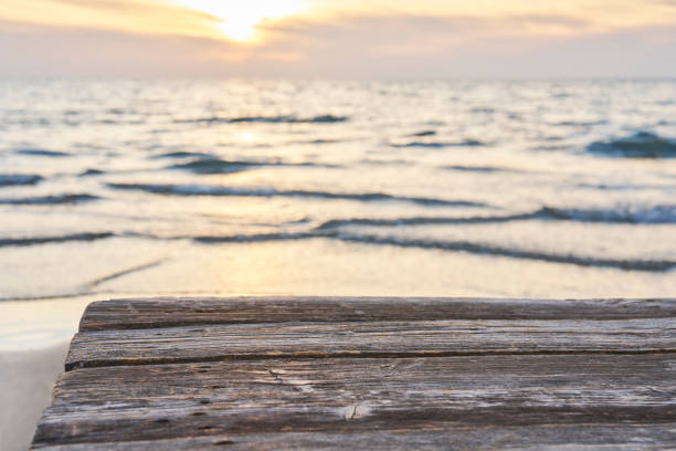 Empty Wooden Planks with Blur Beach on Background