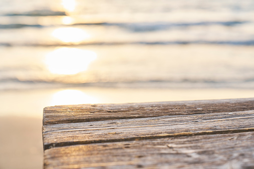 Empty Wooden Planks with Blur Beach on Background