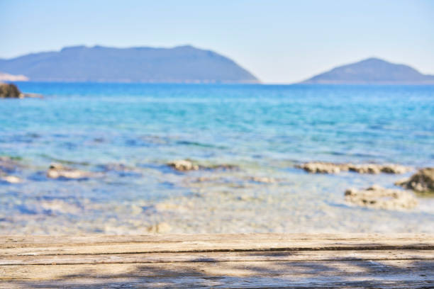 Empty Wooden Planks with Blur Beach on Background