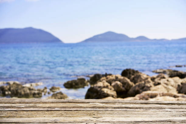 Empty Wooden Planks with Blur Beach on Background
