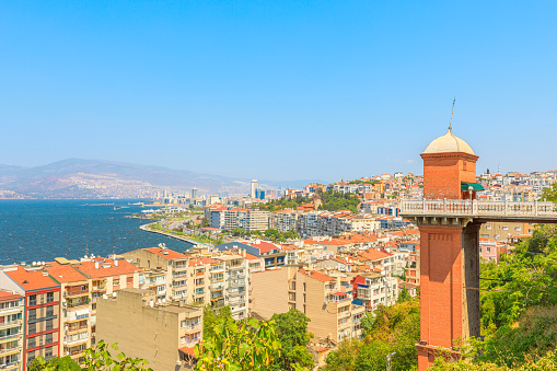 Asansor of 1907 historic landmark on Izmir skyline in Turkey. With its charming design and timeless allure, the Asansor has become a cherished symbol of Izmir's rich history and modern vibrancy