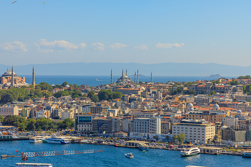 Istanbul, Turkey - Aug 2, 2023: Scenic panorama of istanbul featuring the iconic Bosphorus strait with Hagia Sophia Mosque and Blue mosque. Istanbul city of Turkey