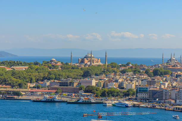 Istanbul, Turkey - Aug 2, 2023: Scenic panorama of istanbul featuring the iconic Bosphorus strait with Hagia Sophia Mosque and Blue mosque. Istanbul city of Turkey
