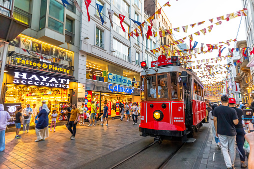 Istanbul, Turkey - Aug 2, 2023: tram trip in Kabatas district of Istanbul, Turkey, is a delightful urban adventure. Gliding through the bustling streets with vibrant blend of modernity and tradition.