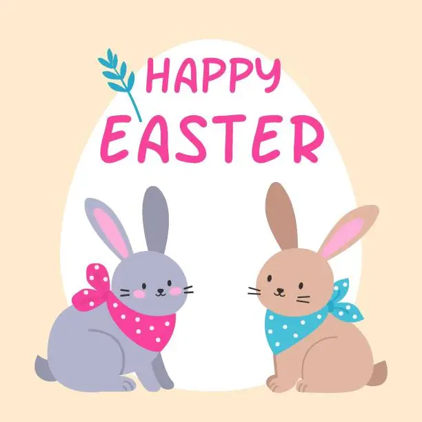 Vector illustration of Two cute rabbits. Happy easter. Vector illustration in flat style